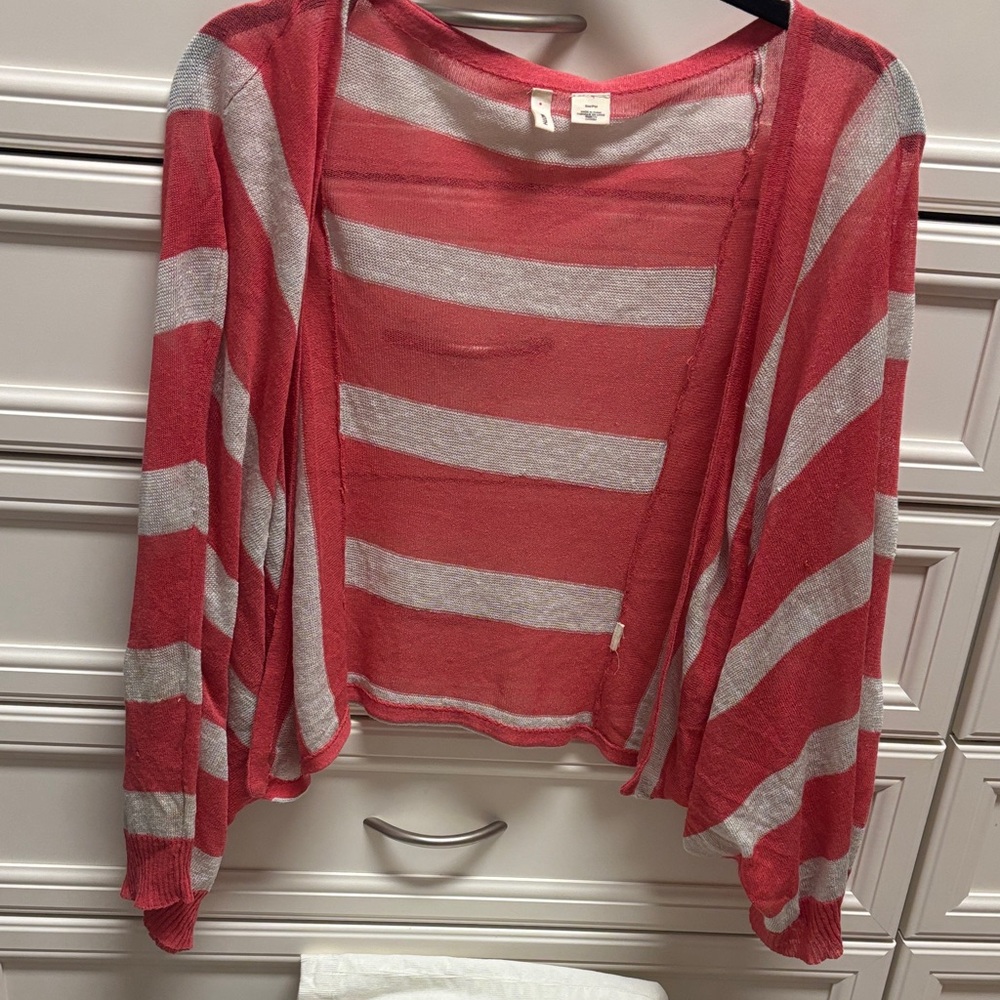 Anthropologie Coral and Light Gray Striped Open-Front Cardigan